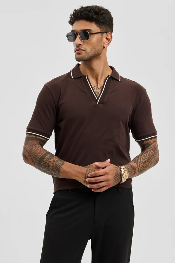 Dark Brown Polo Slim Fit T-Shirt - Image 5
