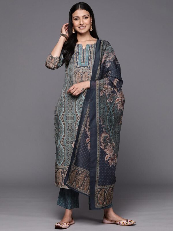 Blue Printed Crepe Straight Kurta With Trousers & Dupatta - Image 7