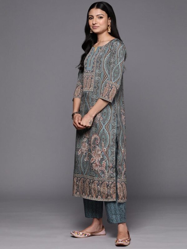 Blue Printed Crepe Straight Kurta With Trousers & Dupatta - Image 6