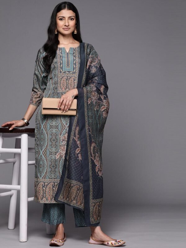 Blue Printed Crepe Straight Kurta With Trousers & Dupatta