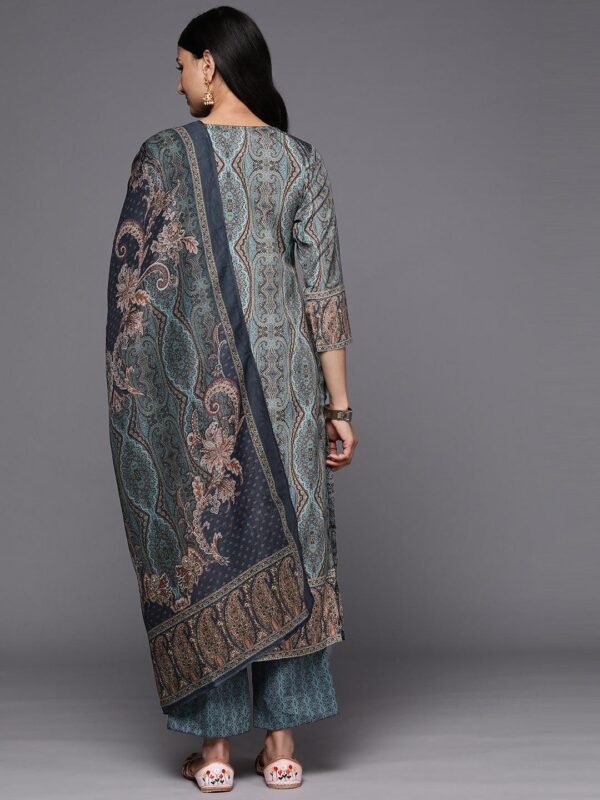 Blue Printed Crepe Straight Kurta With Trousers & Dupatta - Image 4