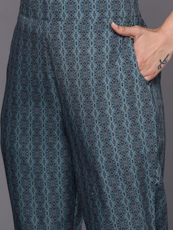 Blue Printed Crepe Straight Kurta With Trousers & Dupatta - Image 3