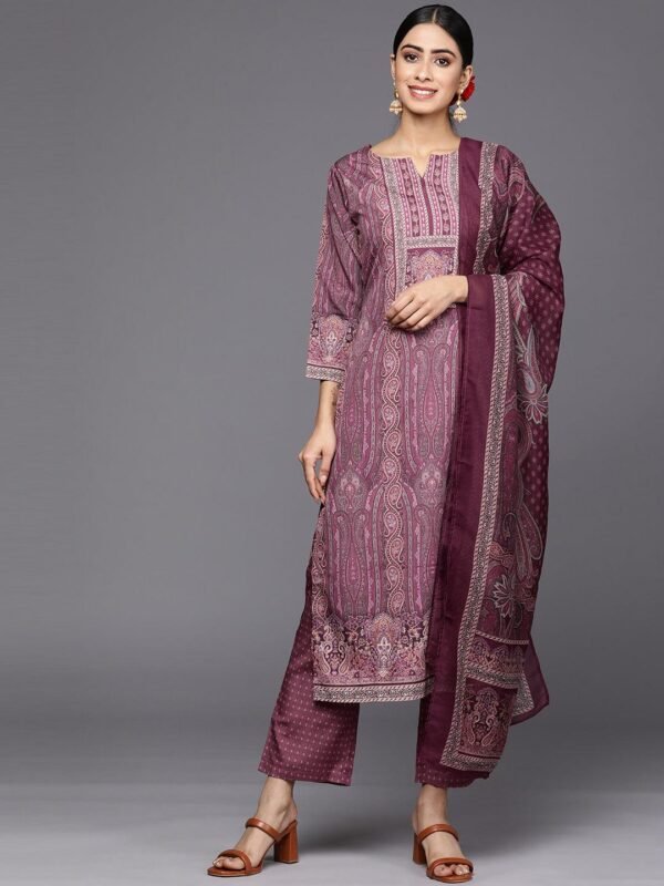 Purple Printed Crepe Straight Kurta With Trousers & Dupatta - Image 5