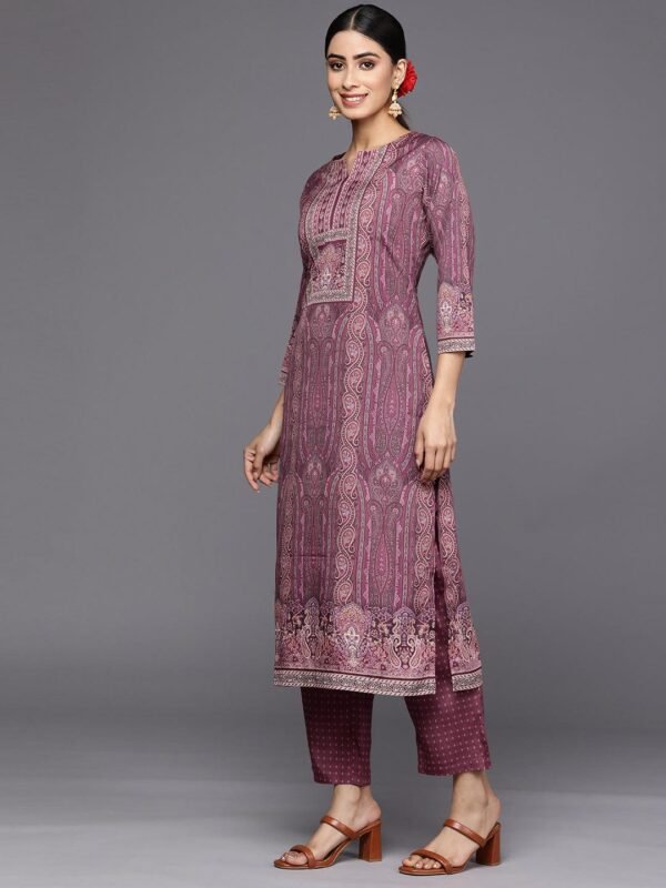 Purple Printed Crepe Straight Kurta With Trousers & Dupatta - Image 4